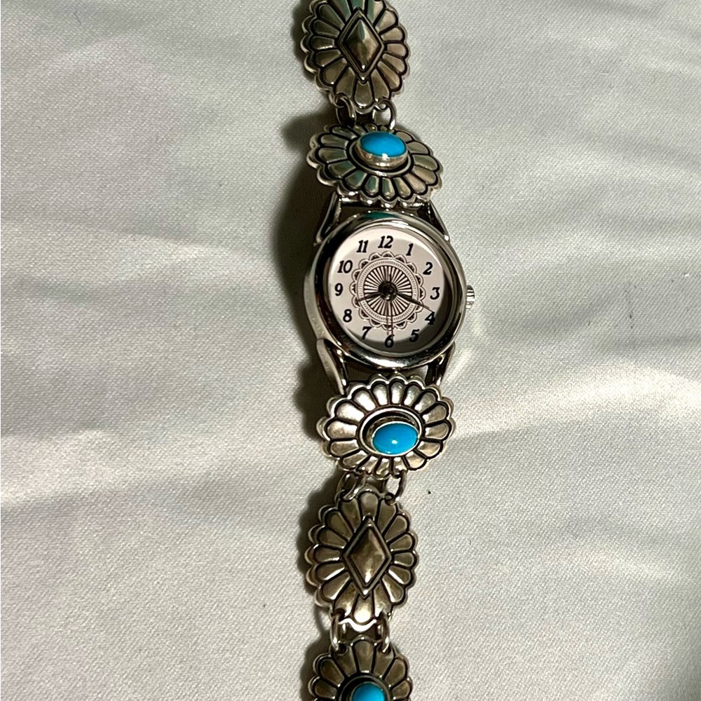 Vintage Western Carolyn Pollack S silver Turquoise bracelet wristwatch, 8”long